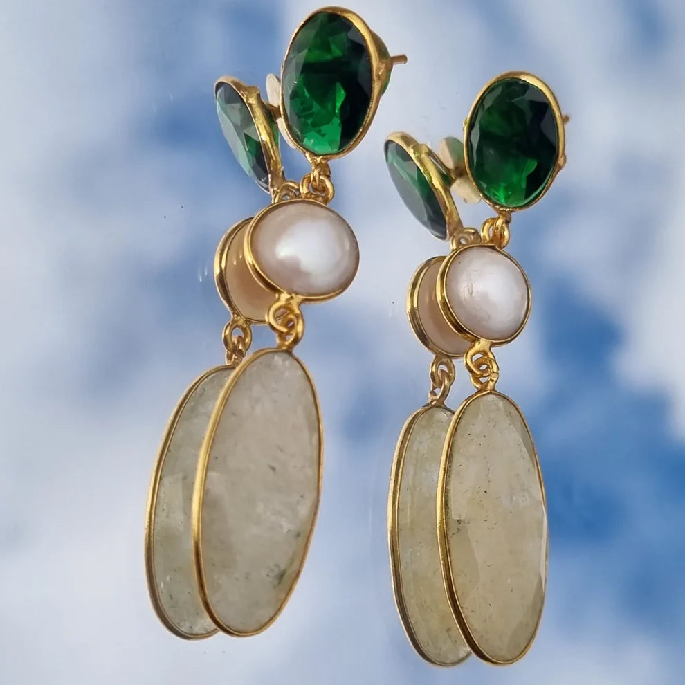 Elongated Drops in Emerald, Onyx, Pearl & Sand Quartz