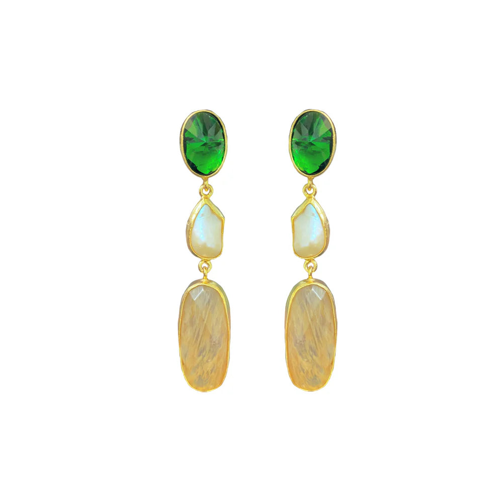 Elongated Drops in Emerald, Onyx, Pearl & Sand Quartz