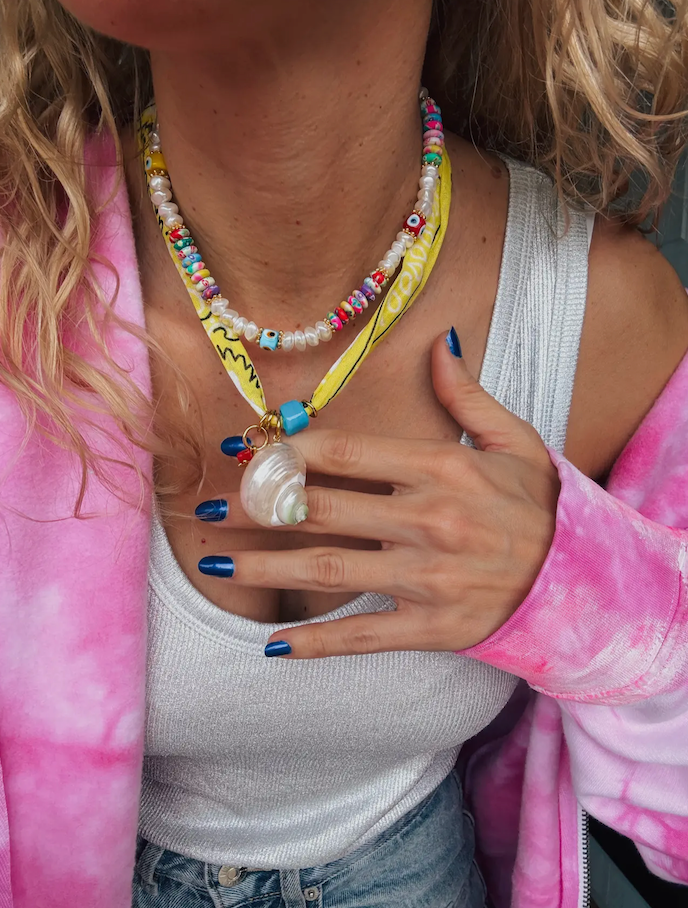 Yellow Bandana Scarf Necklace and Multicolor Beaded Necklace