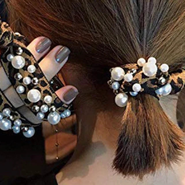 Pearl Stud Hair Tie in Green Camo