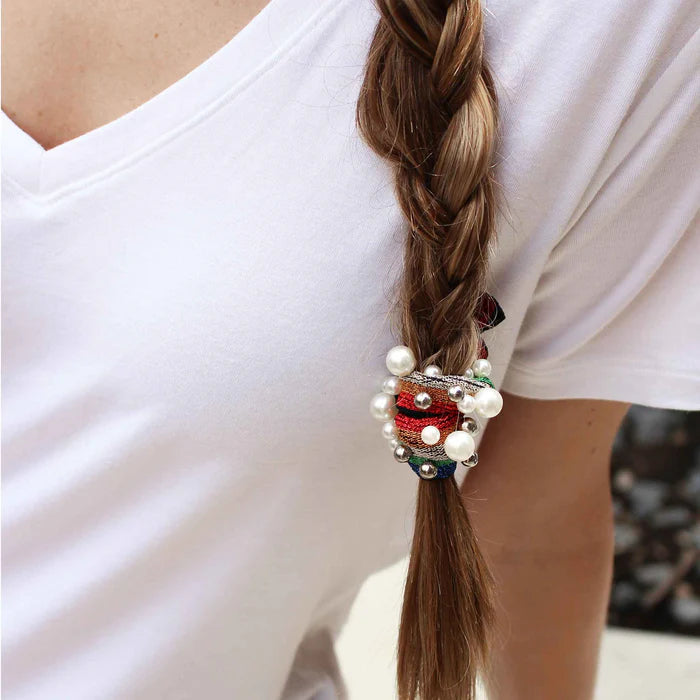 Pearl Stud Hair Tie in Green Camo
