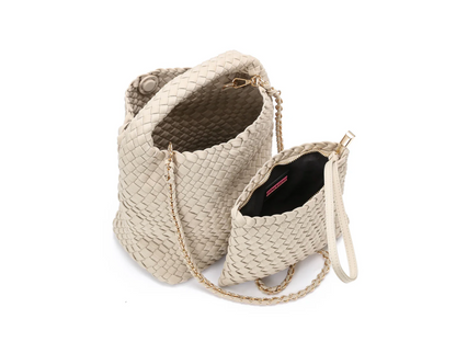 Shelly Woven Bucket Bag in Beige