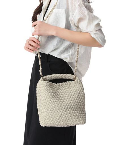 Shelly Woven Bucket Bag in Beige