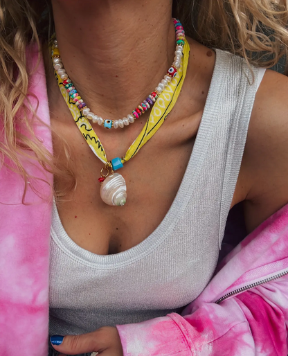 Yellow Bandana Scarf Necklace and Multicolor Beaded Necklace