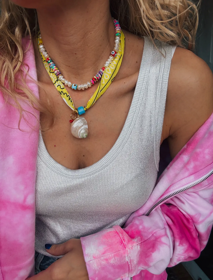 Yellow Bandana Scarf Necklace and Multicolor Beaded Necklace