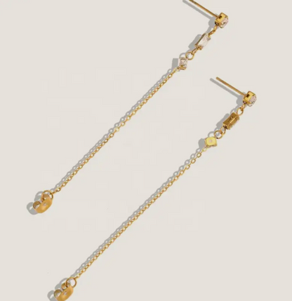 Chain Earring- 3 CZ station Chain Stainless Steel 14K Gold