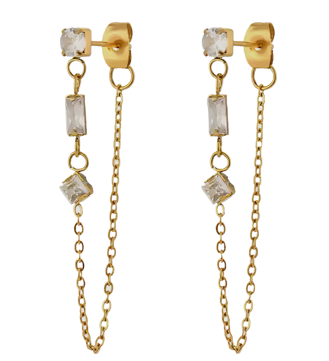 Chain Earring- 3 CZ station Chain Stainless Steel 14K Gold