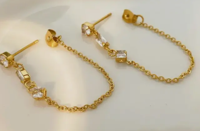 Chain Earring- 3 CZ station Chain Stainless Steel 14K Gold