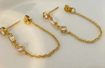 Chain Earring- 3 CZ station Chain Stainless Steel 14K Gold