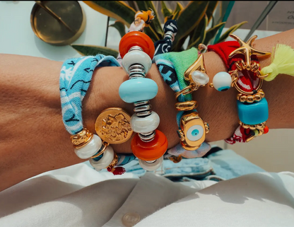 Summer Bandana Scarf Bracelet with Gold & Silver Charms
