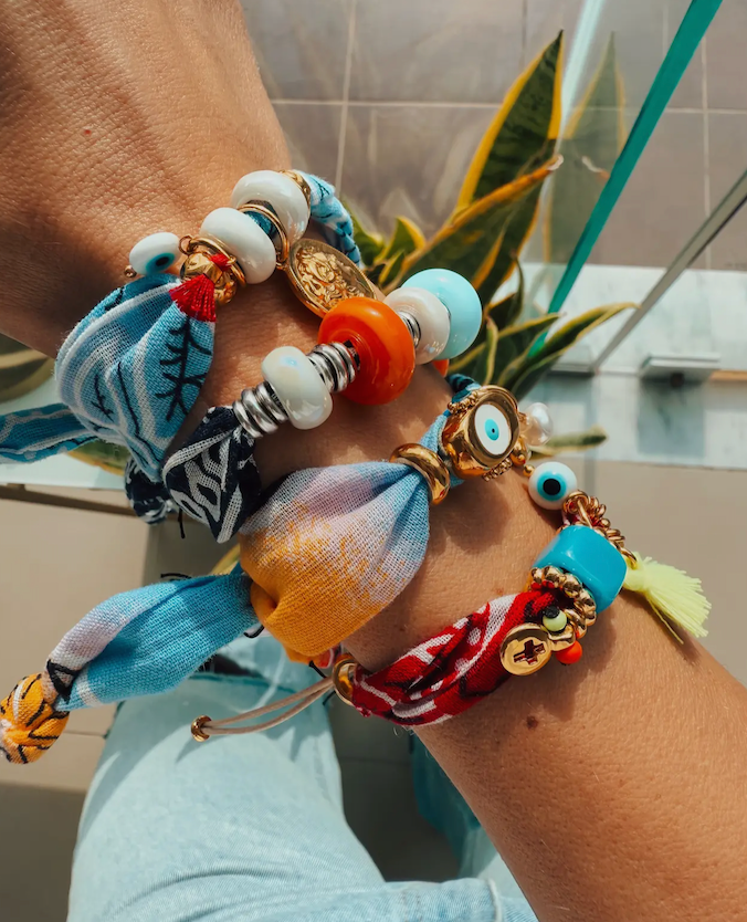 Summer Bandana Scarf Bracelet with Gold & Silver Charms