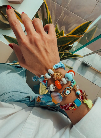 Summer Bandana Scarf Bracelet with Gold & Silver Charms
